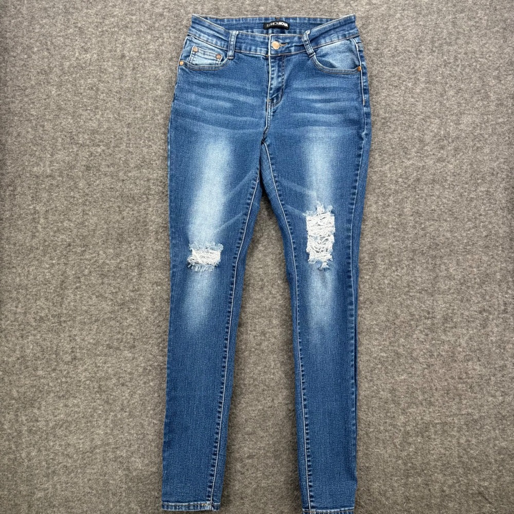 Fashion Nova Womens Medium Wash Distressed Skinny Jeans Blue Size 9 High Rise